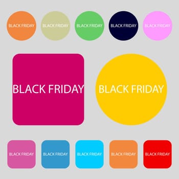 Black friday sign icon. Sale symbol.Special offer label.12 colored buttons. Flat design. illustration