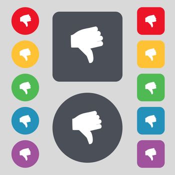 Dislike, Thumb down icon sign. A set of 12 colored buttons. Flat design. illustration