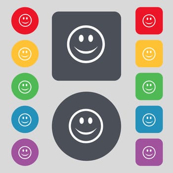 Smile, Happy face icon sign. A set of 12 colored buttons. Flat design. illustration