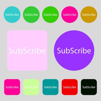 Subscribe sign icon. Membership symbol. Website navigation.12 colored buttons. Flat design. illustration