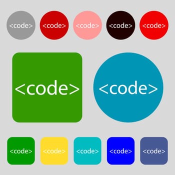 Code sign icon. Programming language symbol.12 colored buttons. Flat design. illustration