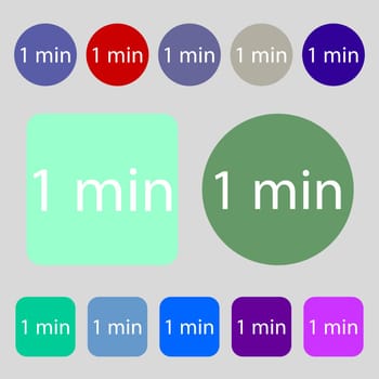 1 minutes sign icon.12 colored buttons. Flat design. illustration