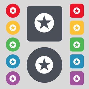 Star, Favorite Star, Favorite icon sign. A set of 12 colored buttons. Flat design. illustration