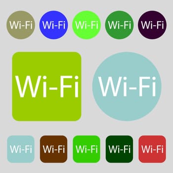 Free wifi sign. Wi-fi symbol. Wireless Network icon.12 colored buttons. Flat design. illustration