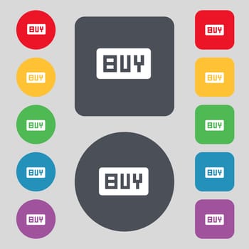 Buy, Online buying dollar usd icon sign. A set of 12 colored buttons. Flat design. illustration