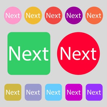 Next sign icon. Navigation symbol.12 colored buttons. Flat design. illustration