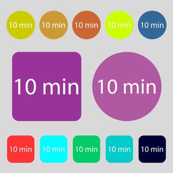 10 minutes sign icon.12 colored buttons. Flat design. illustration