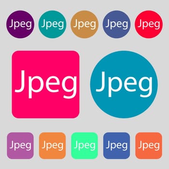 File JPG sign icon. Download image file symbol.12 colored buttons. Flat design. illustration