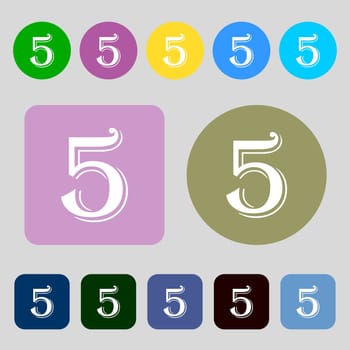 number five icon sign.12 colored buttons. Flat design. illustration