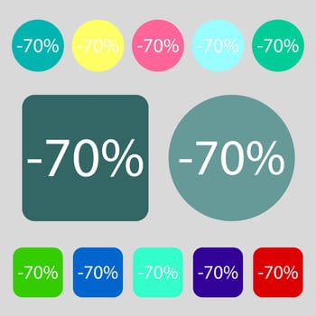 70 percent discount sign icon. Sale symbol. Special offer label.12 colored buttons. Flat design. illustration