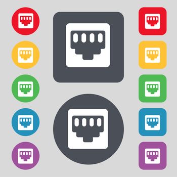 cable rj45, Patch Cord icon sign. A set of 12 colored buttons. Flat design. illustration