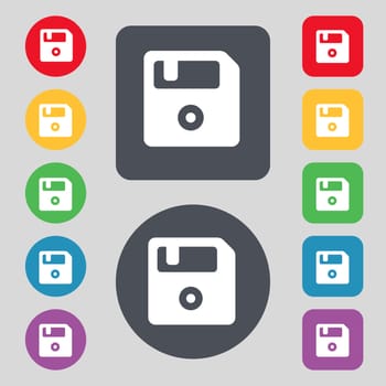floppy icon sign. A set of 12 colored buttons. Flat design. illustration