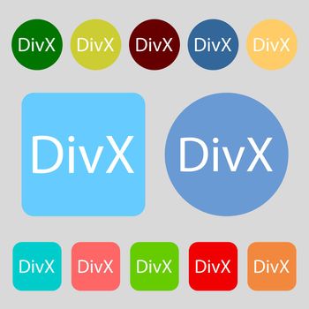 DivX video format sign icon. symbol.12 colored buttons. Flat design. illustration