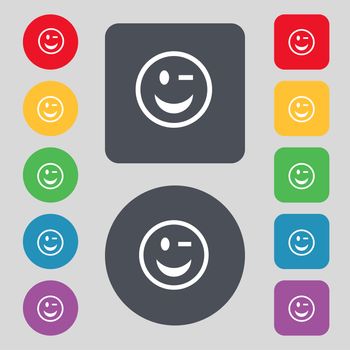 Winking Face icon sign. A set of 12 colored buttons. Flat design. illustration