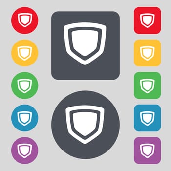 shield icon sign. A set of 12 colored buttons. Flat design. illustration