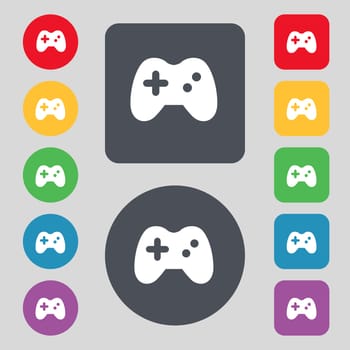 Joystick icon sign. A set of 12 colored buttons. Flat design. illustration