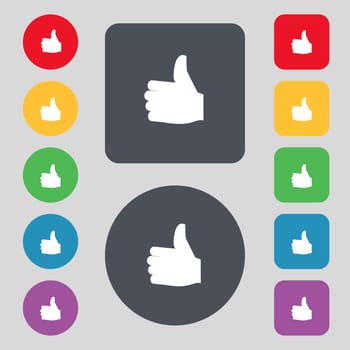Like, Thumb up icon sign. A set of 12 colored buttons. Flat design. illustration