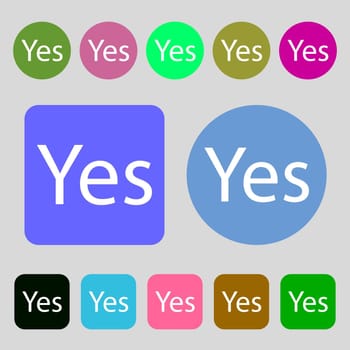 Yes sign icon. Positive check symbol.12 colored buttons. Flat design. illustration