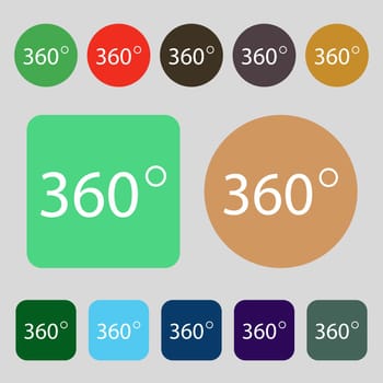 Angle 360 degrees sign icon. Geometry math symbol. Full rotation.12 colored buttons. Flat design. illustration
