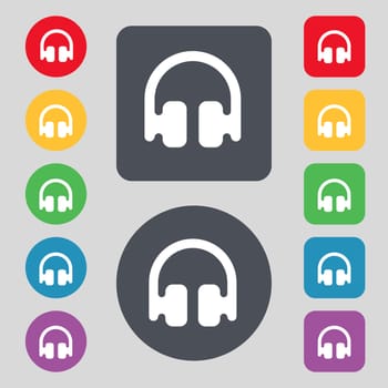 Headphones, Earphones icon sign. A set of 12 colored buttons. Flat design. illustration