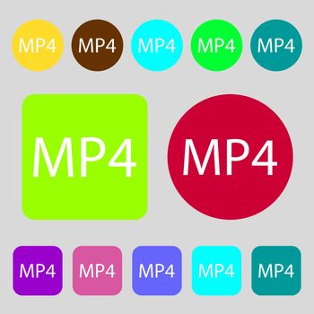 Mpeg4 video format sign icon. symbol.12 colored buttons. Flat design. illustration