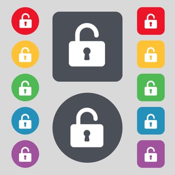 Open Padlock icon sign. A set of 12 colored buttons. Flat design. illustration