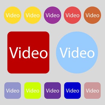 Play video sign icon. Player navigation symbol.12 colored buttons. Flat design. illustration