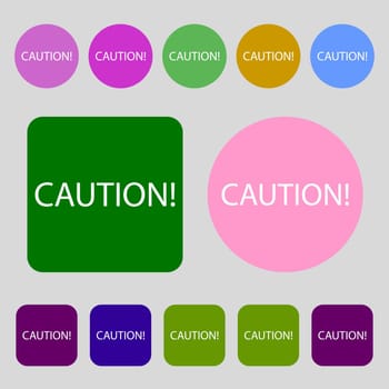 Attention caution sign icon. Exclamation mark. Hazard warning symbol.12 colored buttons. Flat design. illustration