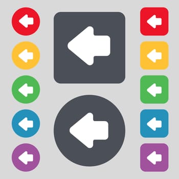 Arrow left, Way out icon sign. A set of 12 colored buttons. Flat design. illustration