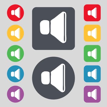 volume, sound icon sign. A set of 12 colored buttons. Flat design. illustration