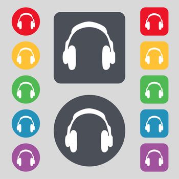 headsets icon sign. A set of 12 colored buttons. Flat design. illustration