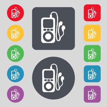 MP3 player, headphones, music icon sign. A set of 12 colored buttons. Flat design. illustration