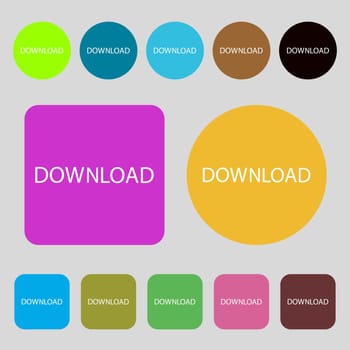 Download icon. Upload button. Load symbol.12 colored buttons. Flat design. illustration