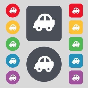 Auto icon sign. A set of 12 colored buttons. Flat design. illustration