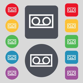 audio cassette icon sign. A set of 12 colored buttons. Flat design. illustration