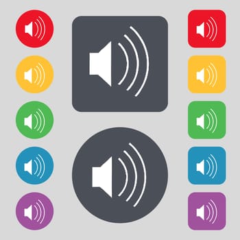 volume, sound icon sign. A set of 12 colored buttons. Flat design. illustration