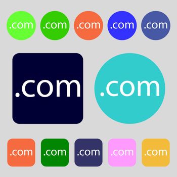 Domain COM sign icon. Top-level internet domain symbol.12 colored buttons. Flat design. illustration