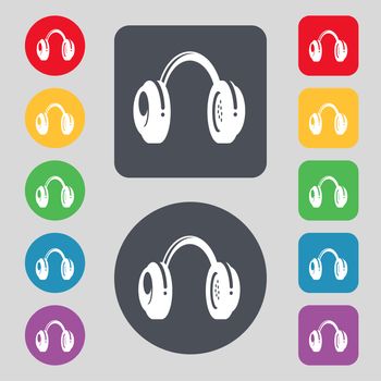 headsets icon sign. A set of 12 colored buttons. Flat design. illustration