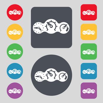 speed, speedometer icon sign. A set of 12 colored buttons. Flat design. illustration