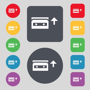 audio cassette icon sign. A set of 12 colored buttons. Flat design. illustration