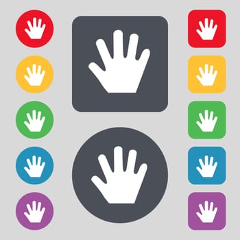 Hand icon sign. A set of 12 colored buttons. Flat design. illustration
