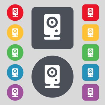 Web cam icon sign. A set of 12 colored buttons. Flat design. illustration