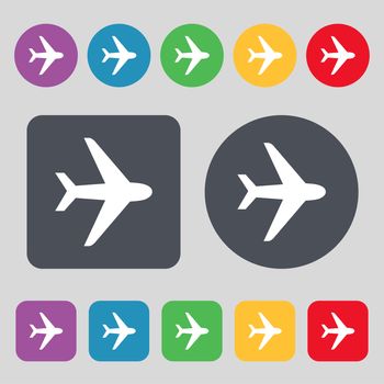 Plane icon sign. A set of 12 colored buttons. Flat design. illustration