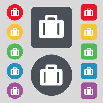 suitcase icon sign. A set of 12 colored buttons. Flat design. illustration