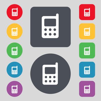 mobile phone icon sign. A set of 12 colored buttons. Flat design. illustration