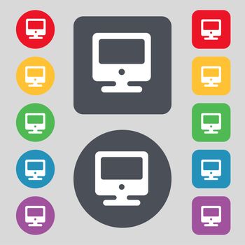 monitor icon sign. A set of 12 colored buttons. Flat design. illustration