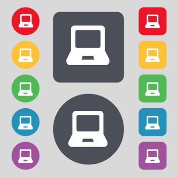 Laptop icon sign. A set of 12 colored buttons. Flat design. illustration