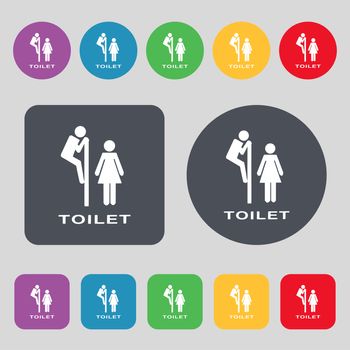 toilet icon sign. A set of 12 colored buttons. Flat design. illustration