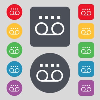 audio cassette icon sign. A set of 12 colored buttons. Flat design. illustration