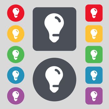 light bulb, idea icon sign. A set of 12 colored buttons. Flat design. illustration